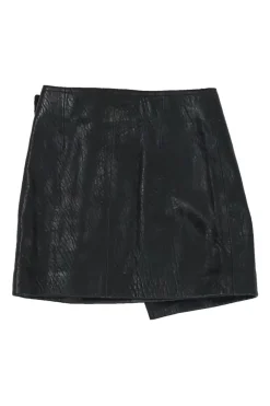 Black lambskin leather wrap-front biker mini skirt with fixed buckle belt fastening at side