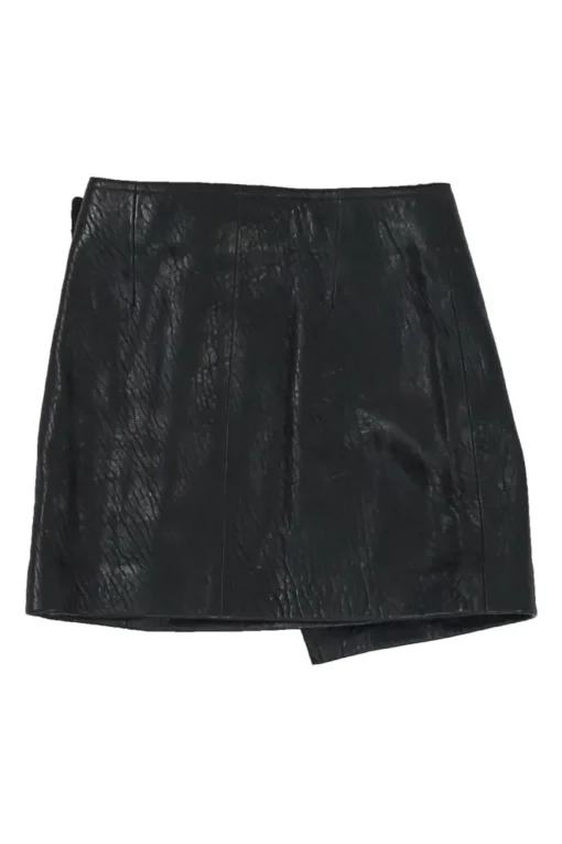 Black lambskin leather wrap-front biker mini skirt with fixed buckle belt fastening at side