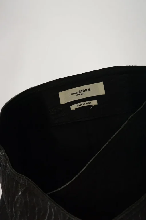 Black lambskin leather wrap-front biker mini skirt with fixed buckle belt fastening at side