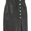 Black lambskin pull-on high-rise pencil skirt with side slit and metallic shank button trim details