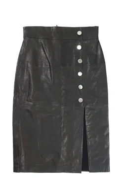 Black lambskin pull-on high-rise pencil skirt with side slit and metallic shank button trim details