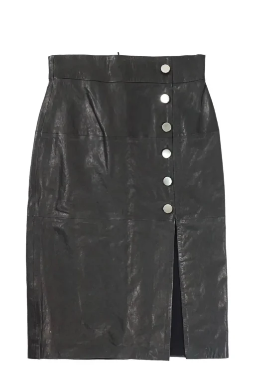Black lambskin pull-on high-rise pencil skirt with side slit and metallic shank button trim details
