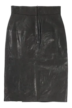 Black lambskin pull-on high-rise pencil skirt with side slit and metallic shank button trim details