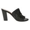 Black laser-cut leather block heel open-toe mules