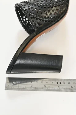 Black laser-cut leather block heel open-toe mules