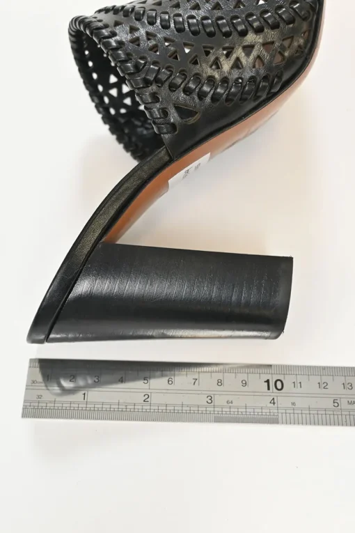 Black laser-cut leather block heel open-toe mules
