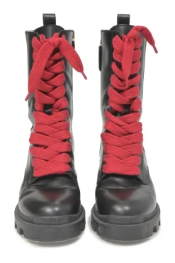 Black leather and rubber Trip pull-on mid-calf platform combat boots with webbing trim detailing and tread soles