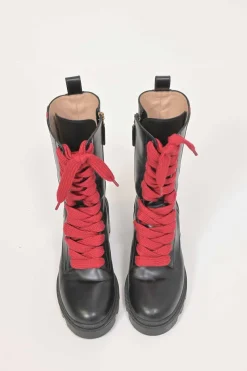 Black leather and rubber Trip pull-on mid-calf platform combat boots with webbing trim detailing and tread soles