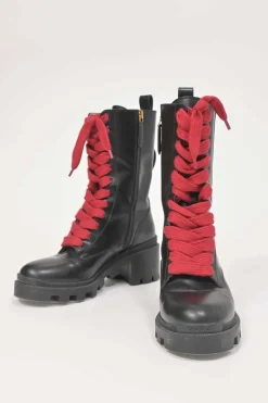 Black leather and rubber Trip pull-on mid-calf platform combat boots with webbing trim detailing and tread soles