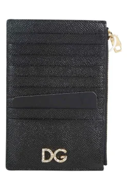 Black Leather Crystal Embellished Logo Zipped Card Holder