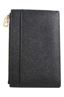 Black Leather Crystal Embellished Logo Zipped Card Holder