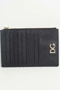 Black Leather Crystal Embellished Logo Zipped Card Holder
