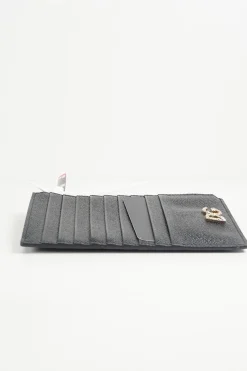 Black Leather Crystal Embellished Logo Zipped Card Holder