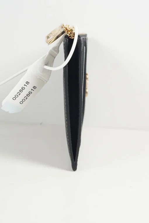 Black Leather Crystal Embellished Logo Zipped Card Holder