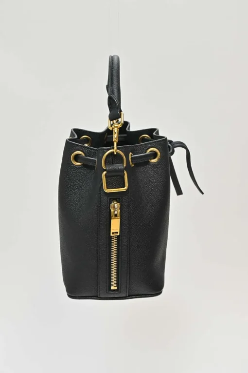 Black leather Emanuelle drawstring bucket bag