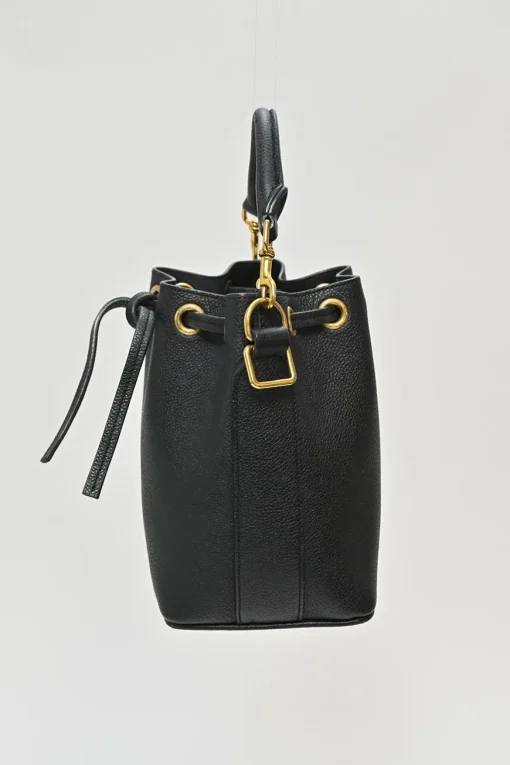 Black leather Emanuelle drawstring bucket bag