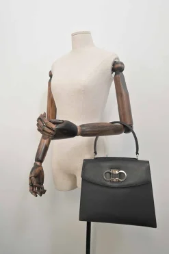 Black leather Gancini top handle bag