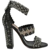 Black leather grommet-embellished scalloped leather zip-up block heel sandals