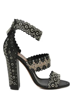 Black leather grommet-embellished scalloped leather zip-up block heel sandals