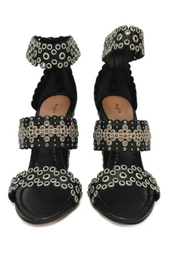 Black leather grommet-embellished scalloped leather zip-up block heel sandals