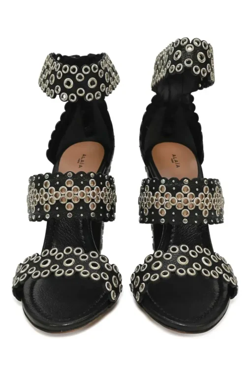 Black leather grommet-embellished scalloped leather zip-up block heel sandals