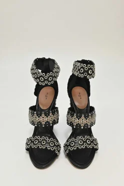 Black leather grommet-embellished scalloped leather zip-up block heel sandals