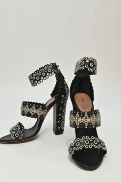 Black leather grommet-embellished scalloped leather zip-up block heel sandals