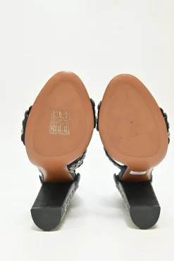 Black leather grommet-embellished scalloped leather zip-up block heel sandals
