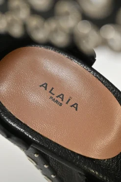 Black leather grommet-embellished scalloped leather zip-up block heel sandals