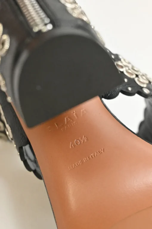 Black leather grommet-embellished scalloped leather zip-up block heel sandals