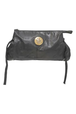 Black leather Hystetria zip pouch featuring gold-tone metallic medallion appliqué
