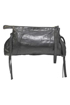 Black leather Hystetria zip pouch featuring gold-tone metallic medallion appliqué