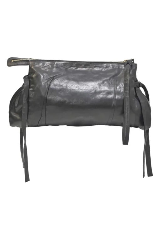 Black leather Hystetria zip pouch featuring gold-tone metallic medallion appliqué