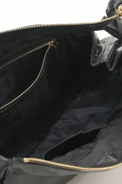 Black leather Hystetria zip pouch featuring gold-tone metallic medallion appliqué