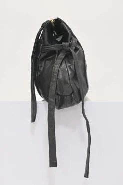 Black leather Hystetria zip pouch featuring gold-tone metallic medallion appliqué