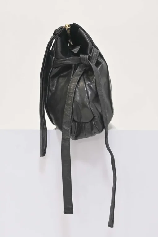 Black leather Hystetria zip pouch featuring gold-tone metallic medallion appliqué
