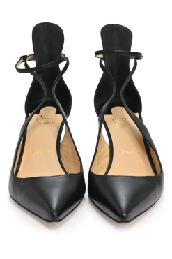 Black leather Mascara 70 cut-out pointed-toe red sole pumps with adjustable ankle strap