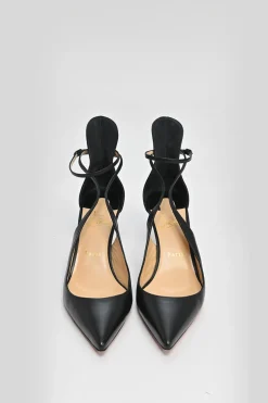 Black leather Mascara 70 cut-out pointed-toe red sole pumps with adjustable ankle strap