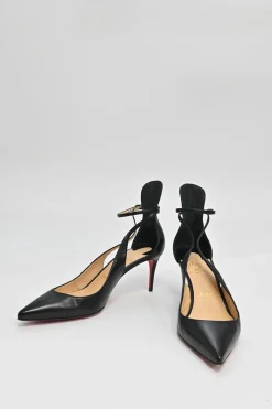 Black leather Mascara 70 cut-out pointed-toe red sole pumps with adjustable ankle strap