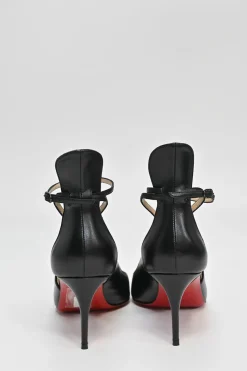 Black leather Mascara 70 cut-out pointed-toe red sole pumps with adjustable ankle strap