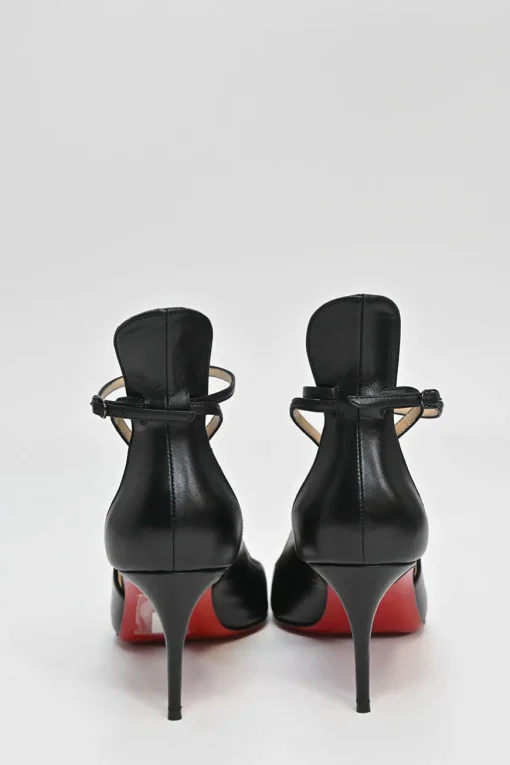 Black leather Mascara 70 cut-out pointed-toe red sole pumps with adjustable ankle strap