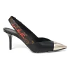 Black leather mixed-media Grace slingback pumps featuring classic monogram coated canvas strap and silver-tone metal point-toe cap