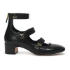 Black leather multi-strap square toe Baby-D low heel pumps with decorative enamelled gold-finish metal buttons