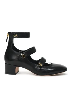 Black leather multi-strap square toe Baby-D low heel pumps with decorative enamelled gold-finish metal buttons