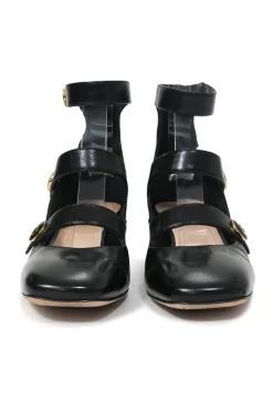 Black leather multi-strap square toe Baby-D low heel pumps with decorative enamelled gold-finish metal buttons