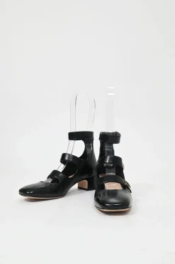 Black leather multi-strap square toe Baby-D low heel pumps with decorative enamelled gold-finish metal buttons