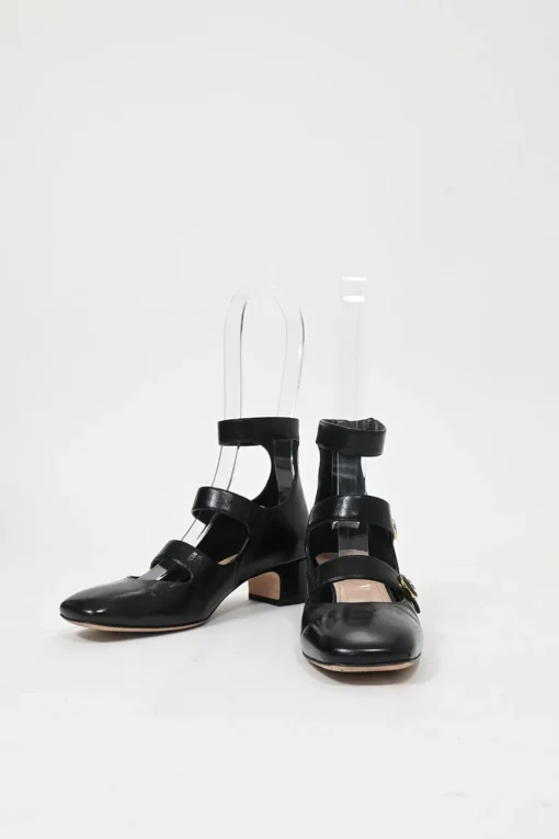 Black leather multi-strap square toe Baby-D low heel pumps with decorative enamelled gold-finish metal buttons