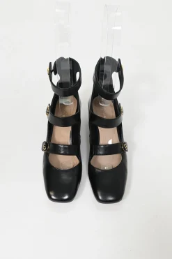 Black leather multi-strap square toe Baby-D low heel pumps with decorative enamelled gold-finish metal buttons
