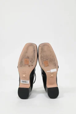 Black leather multi-strap square toe Baby-D low heel pumps with decorative enamelled gold-finish metal buttons