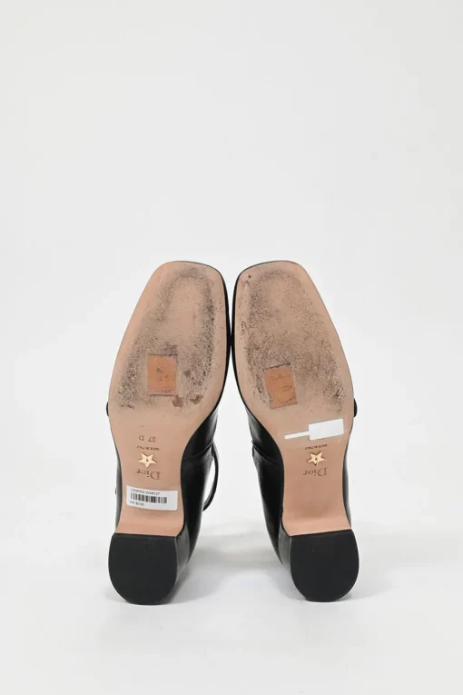 Black leather multi-strap square toe Baby-D low heel pumps with decorative enamelled gold-finish metal buttons